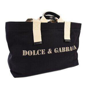 DOLCE & GABBANA Blue Drill Stamp Canvas Leather Tote Shoulder Bag Italy NWT